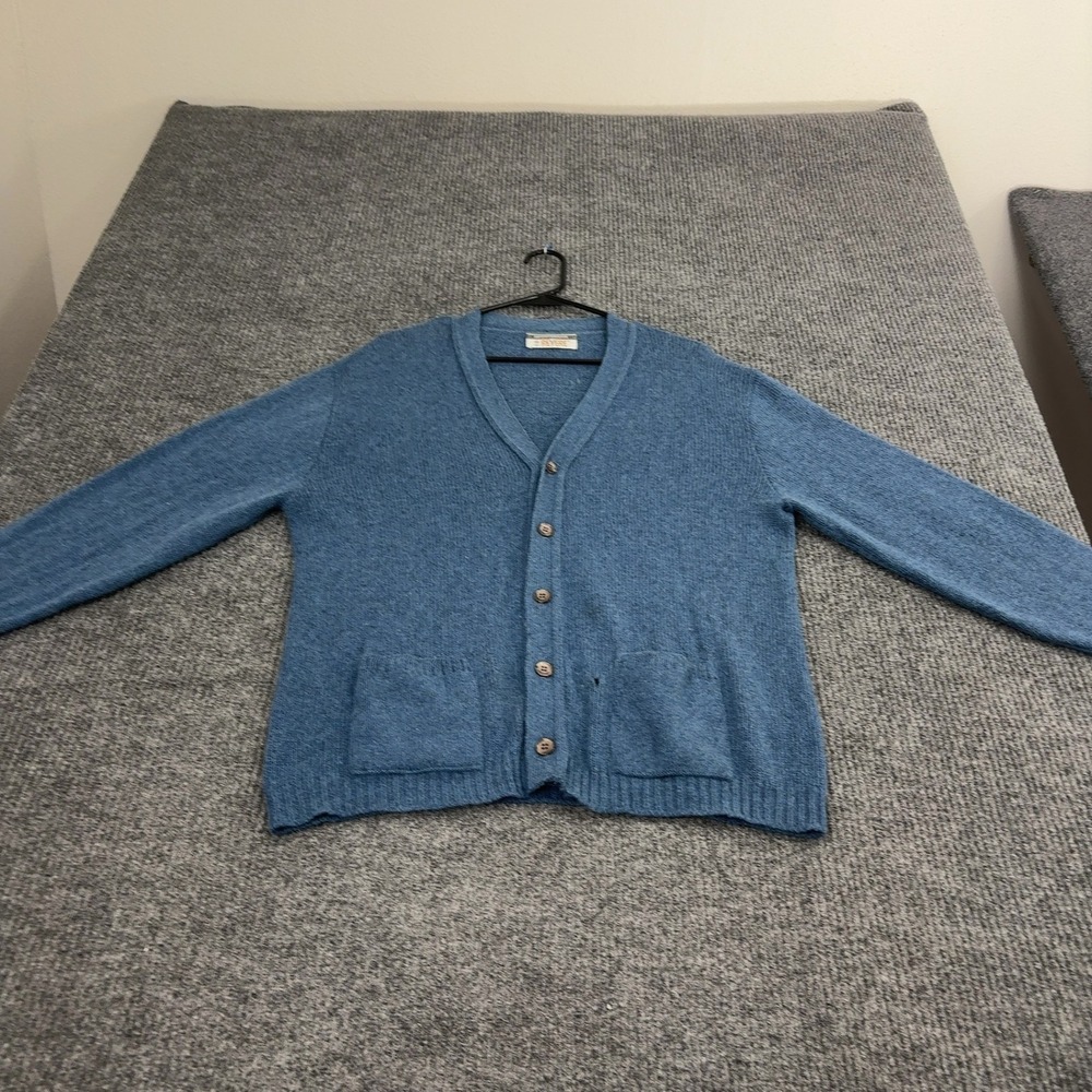 Vintage Revere Cardigan Mens M Blue Knit V Neck Button Up Retro Classic Style